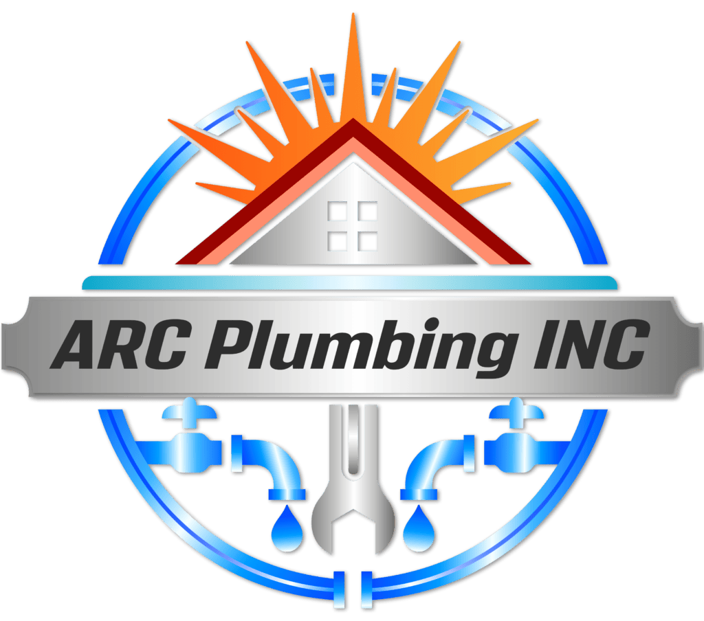 ARC Plumbing Inc. logo with house, pipes, and sunburst design.