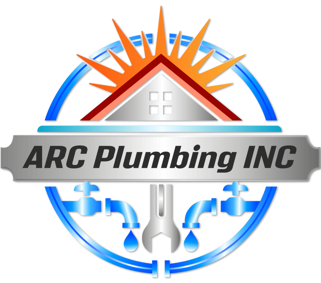 ARC Plumbing Inc. logo with house, pipes, and sunburst design.