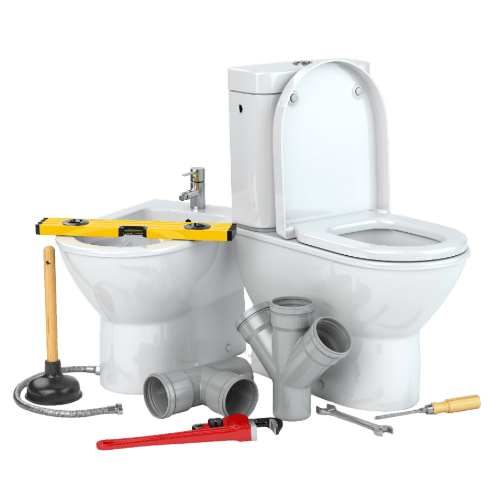 Toilet with plumbing tools and pipes for repair or installation.