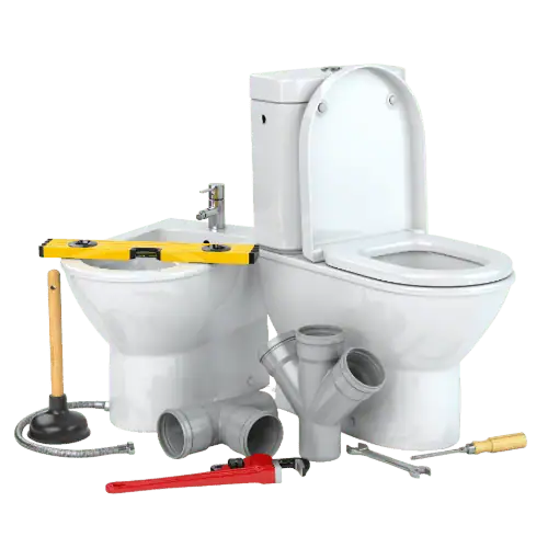 Toilet with plumbing tools and pipes for repair or installation.